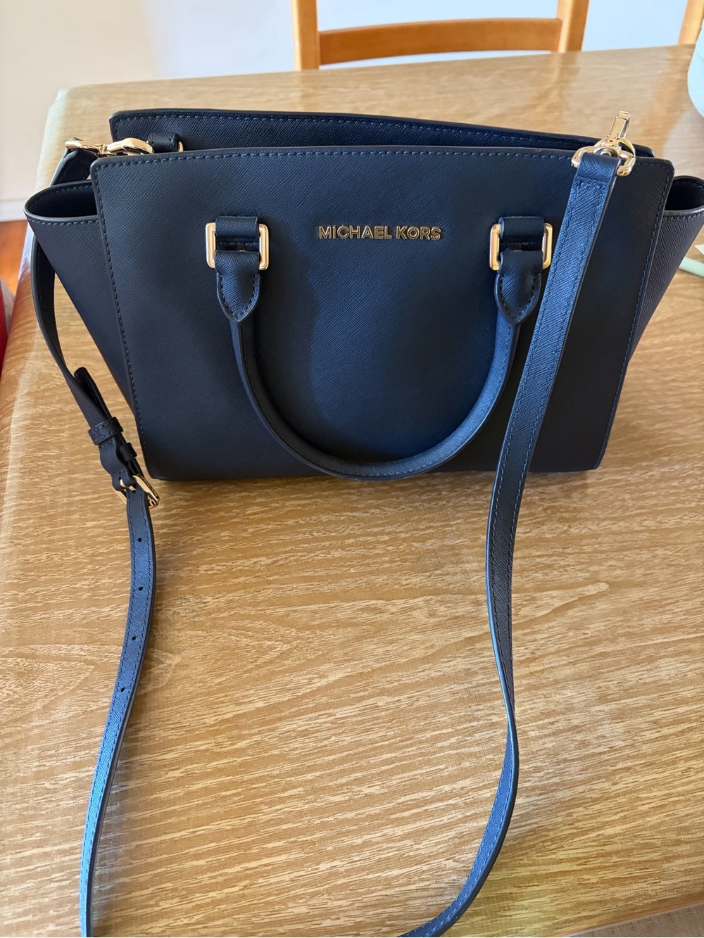Michael Kors Navy Saffiano Leather Satchel with Gold Hardware